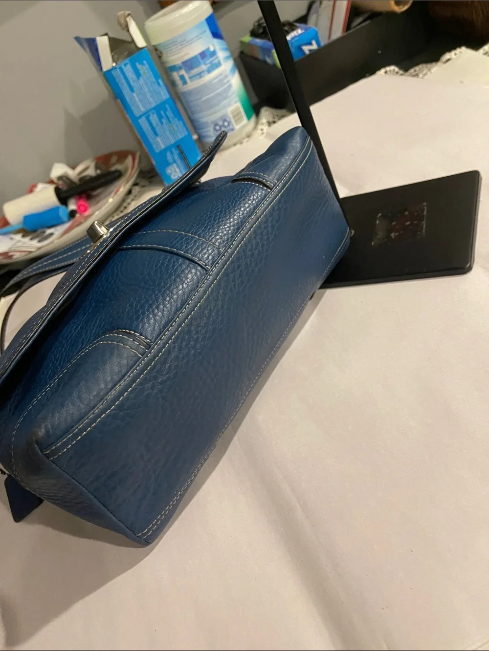 Coach Hamilton Flap F13957 Blue Pebbled Leather Crossbody Silver Turnlock
